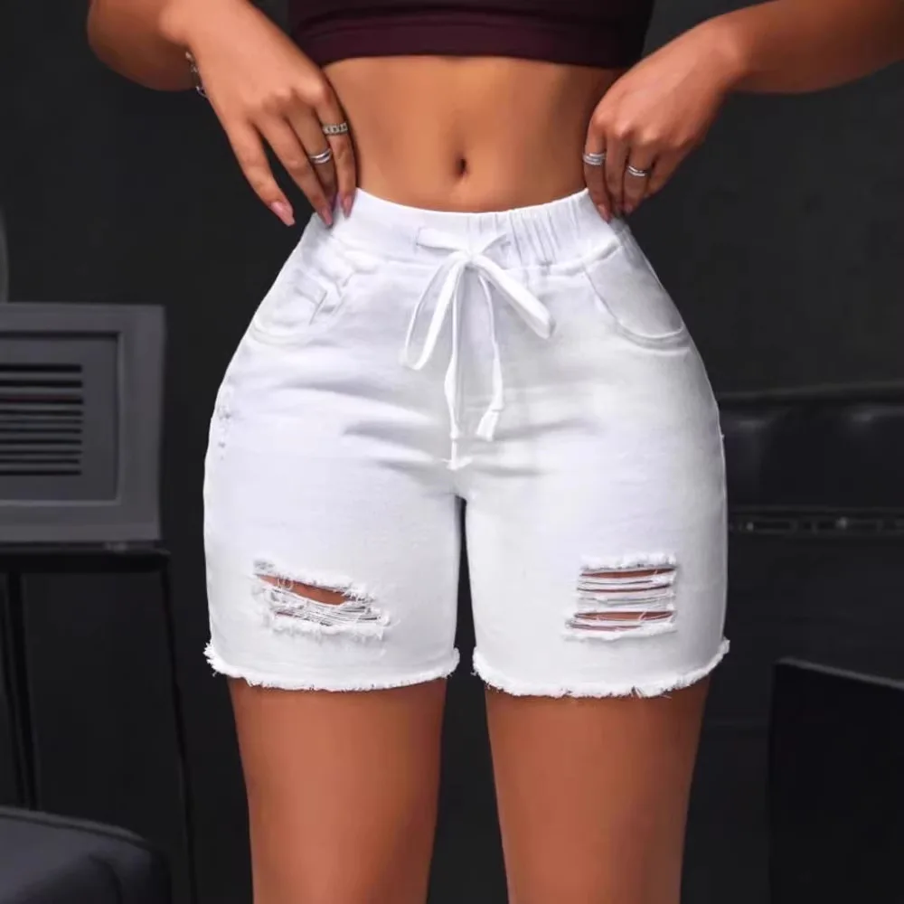 White Ripped Denim Shorts Women Summer Trendy High Waist Spicy Girl Frayed  Sports Three-quarter Length Casual Pants