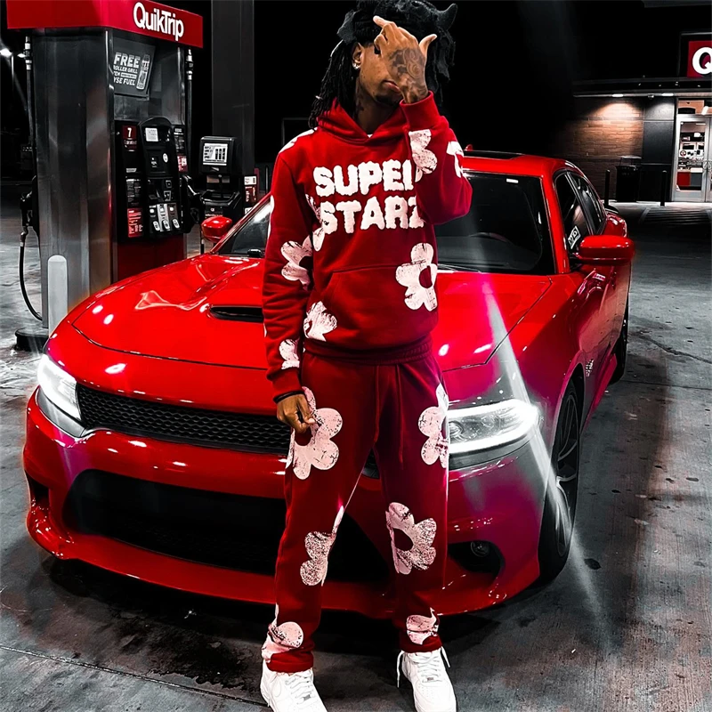 Autumn And Winter Trendy Set Superstar Printed Hoodie Sweatpants Hip Hop Flower Pattern Dressing