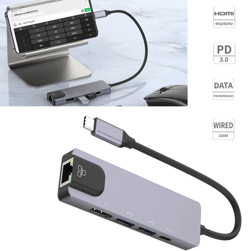 

Адаптер USB C-HDMI, совместимый с док-станцией, адаптер для совместного использования экрана, USB-концентратор, удлинительный кабель, адаптер Ethernet RJ-45 LAN