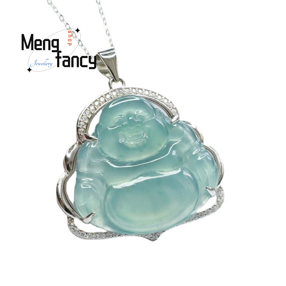 S925 Silver Lnlaid Natural Jadeite Exquisite Elegant Simple High-grade Pendant Buddha Myanmar Blue Water Luxury Quality Jewelry