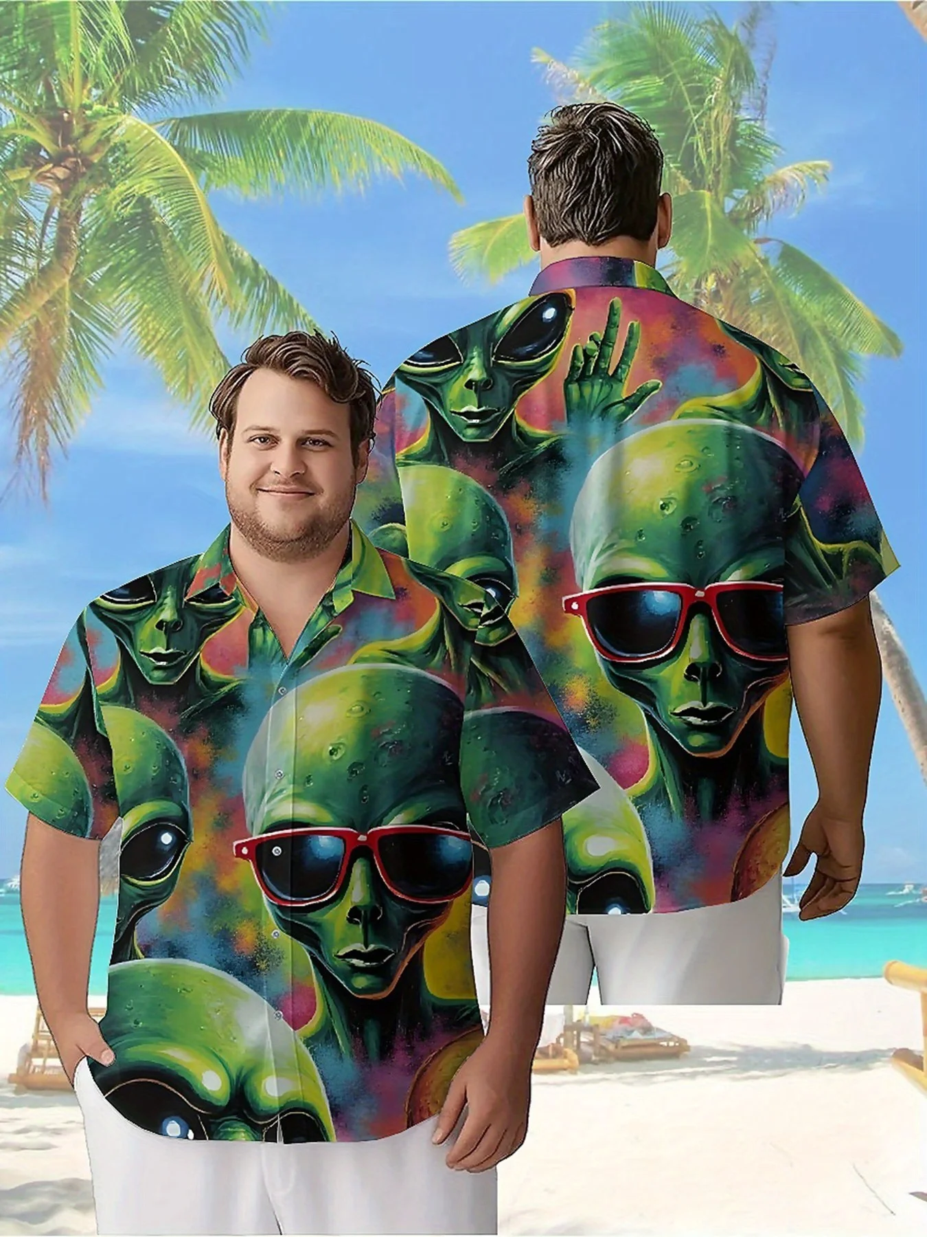 Men's Plus Size Hawaiian Shirts Aliens Pattern, Button Up Shirts, Unisex Casual Clothing, Summer Tops