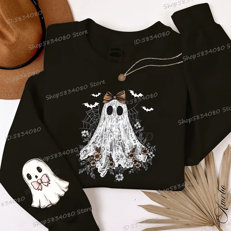 เสื้อสเวตเตอร์ลูกไม้ผีน่ารักฮาโลวีนจัมเปอร์ลายดอกไม้ผีสุดหลอนฤดูกาลเสื้อสำหรับผู้หญิงใหม่ฮาโลวีนเสื้อคลุมมีฮู้ดผีน่ารัก