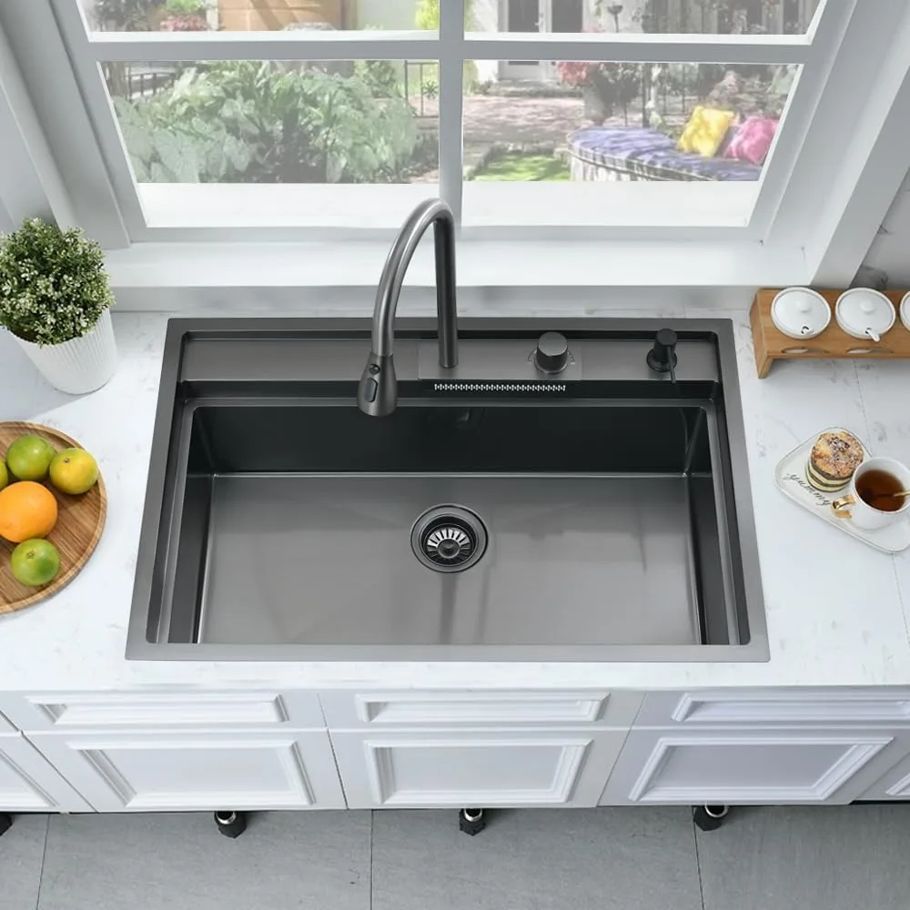 33 Inch Black Drop In Waterfall Kitchen Sink with Facuet and Soap Dispenser Workstation Drop In Workstation