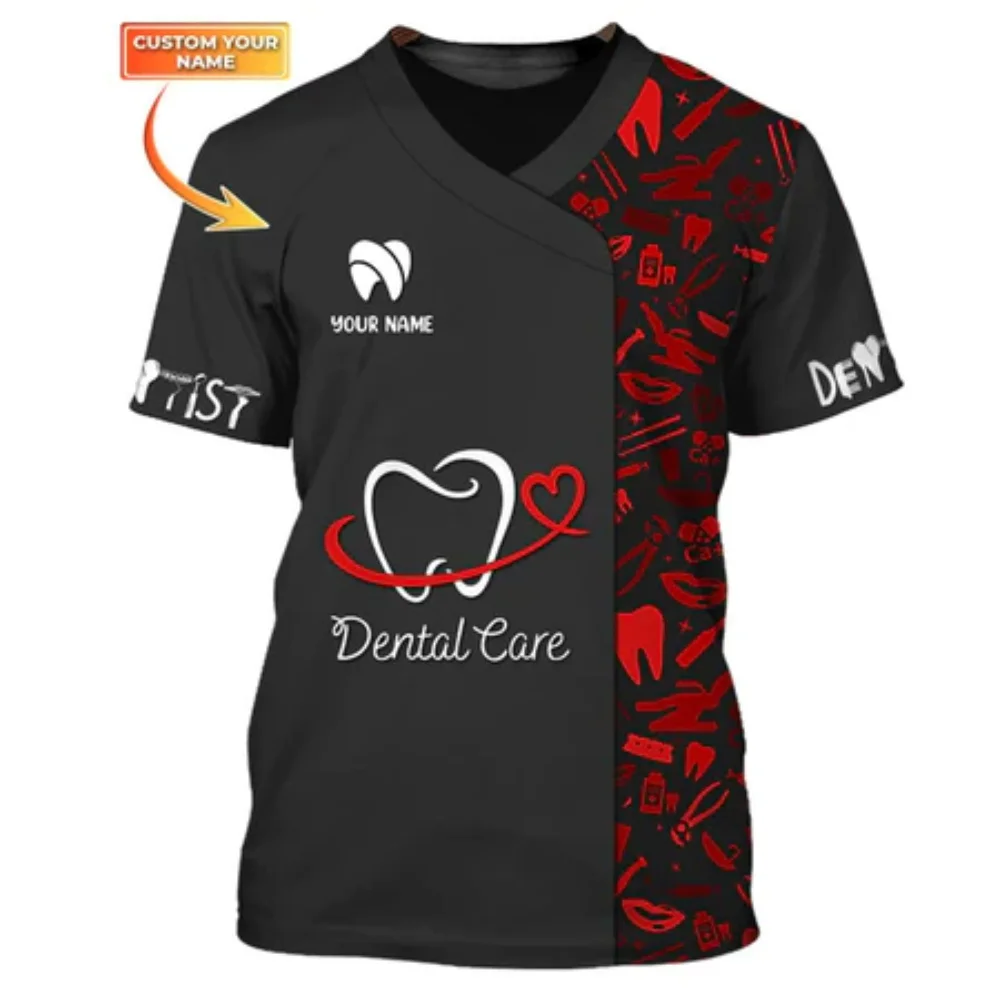 Hot style Harajuku oversized dental tool pattern T-shirt, dental care suit, custom dentist T-shirt