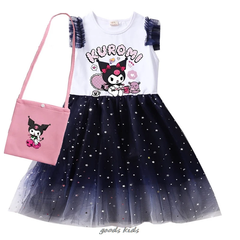 Lovely Kuromi Melody Print Dress Clothes Baby Girls Casual Dresses with Small Bag Kids Cartoon Wedding Party Princess Vestidos