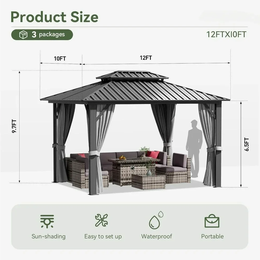 10'x12' Hardtop Gazebo, Aluminum Frame Canopy with Double Galvanized Steel Roof, Outdoor Metal Pavilion with Netting, Curtains