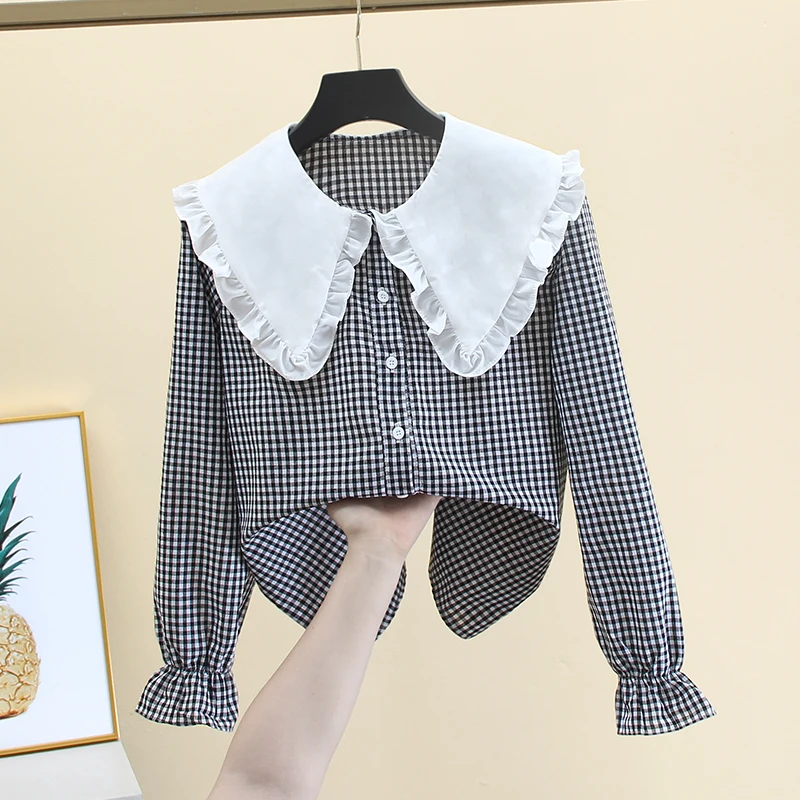 

French Peter Pan Collar Checkered Shirt Women's Spring Autumn New Loose Single Breasted Top Temperament Long Sleeve Blouse