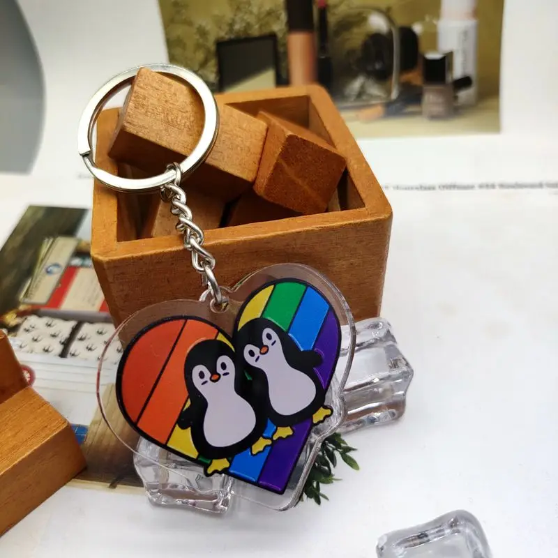 Fashionable Penguin Love Keychain Cute Rainbow Animal Acrylic Keychain Couple Accessory Gift