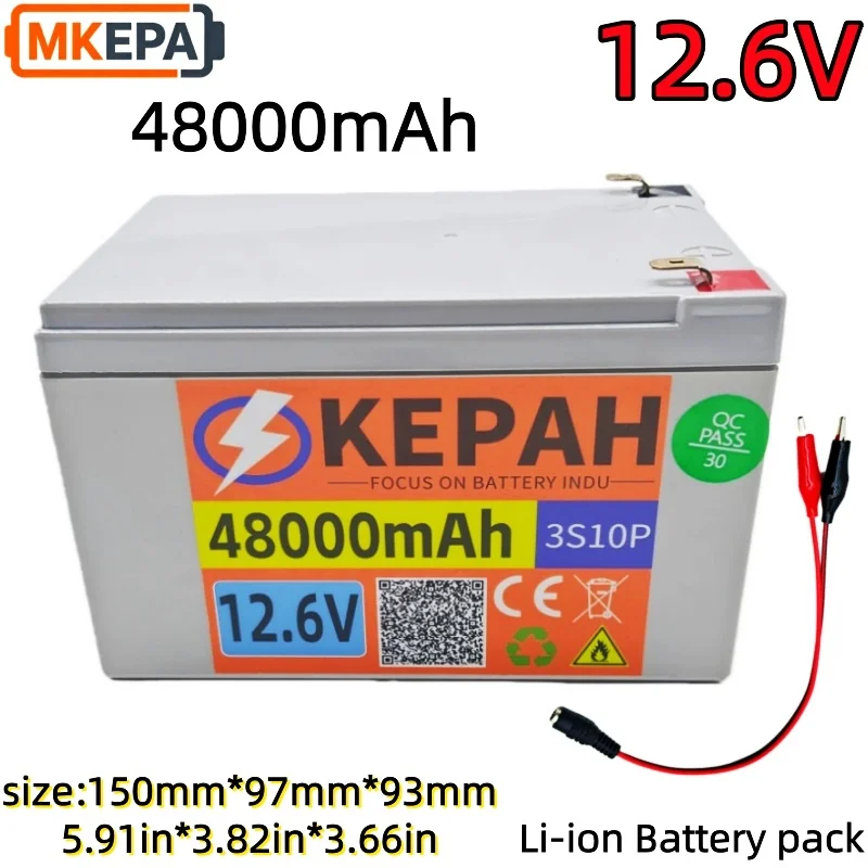 12V 3S10P 48Ah 18650 Rechargeable lithium battery pack 12.6V For Sprayer Fishing Boat electric wheelchair LED lighting Camping