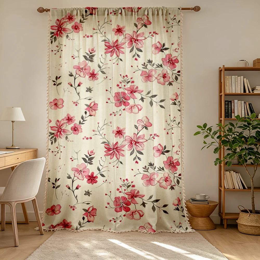 1PC Floral Tassel Sheer Curtains, Pink Flower Branch Beige, Digital Print, Polyester, Bedroom Living Room Kitchen, Home Decor