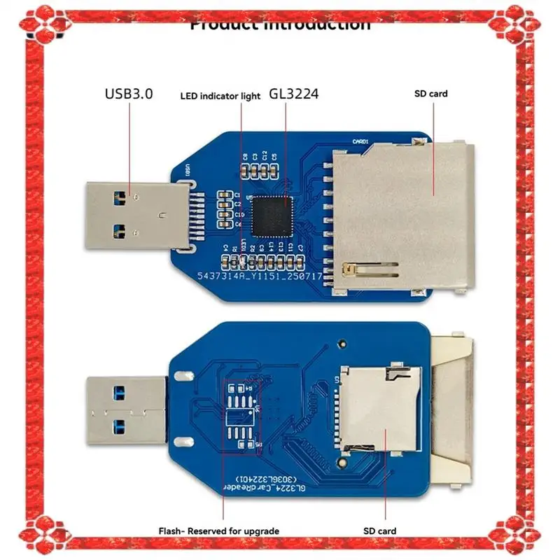 Módulo leitor usb3.0 com 24 horas, suporte para cartão sd + tf, 2 em 1, slot para cartão duplo, leitura integrada, chip gl3224, mini design