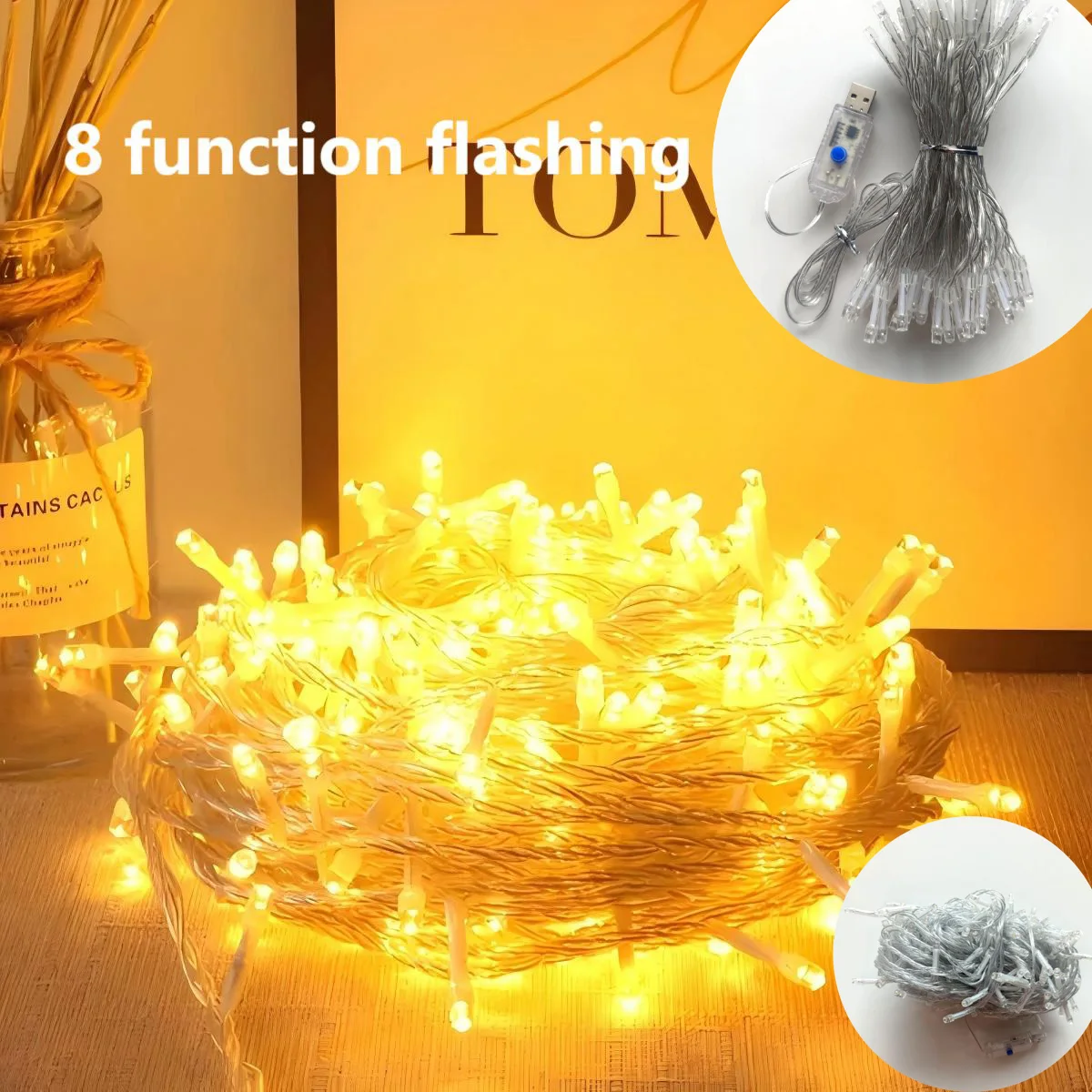1 Piece 100Led/200Led USB Power Supply, 8 Function Flashing Led String |   Indoor and Outdoor Decoration Multi-Purpose |   Energy Saving and Flexible Fairy Lights |   Ideal for Christmas, Halloween, and Wedding |   Warm Light Atmosphere Lighting, Holiday Decoration |   Warm Lighting |   Decorative Lights