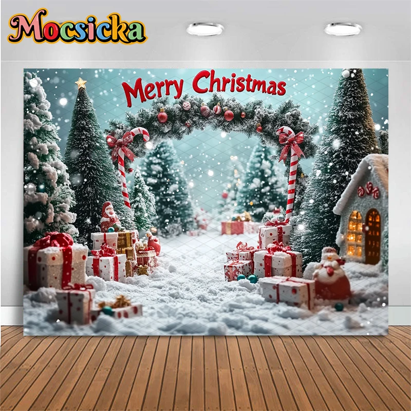 Mocsicka عيد ميلاد سعيد خلفية التصوير الفوتوغرافي اطلاق النار الدعائم شجرة عيد الميلاد غابة الثلج الهدايا زينة الأطفال الخلفيات راية
