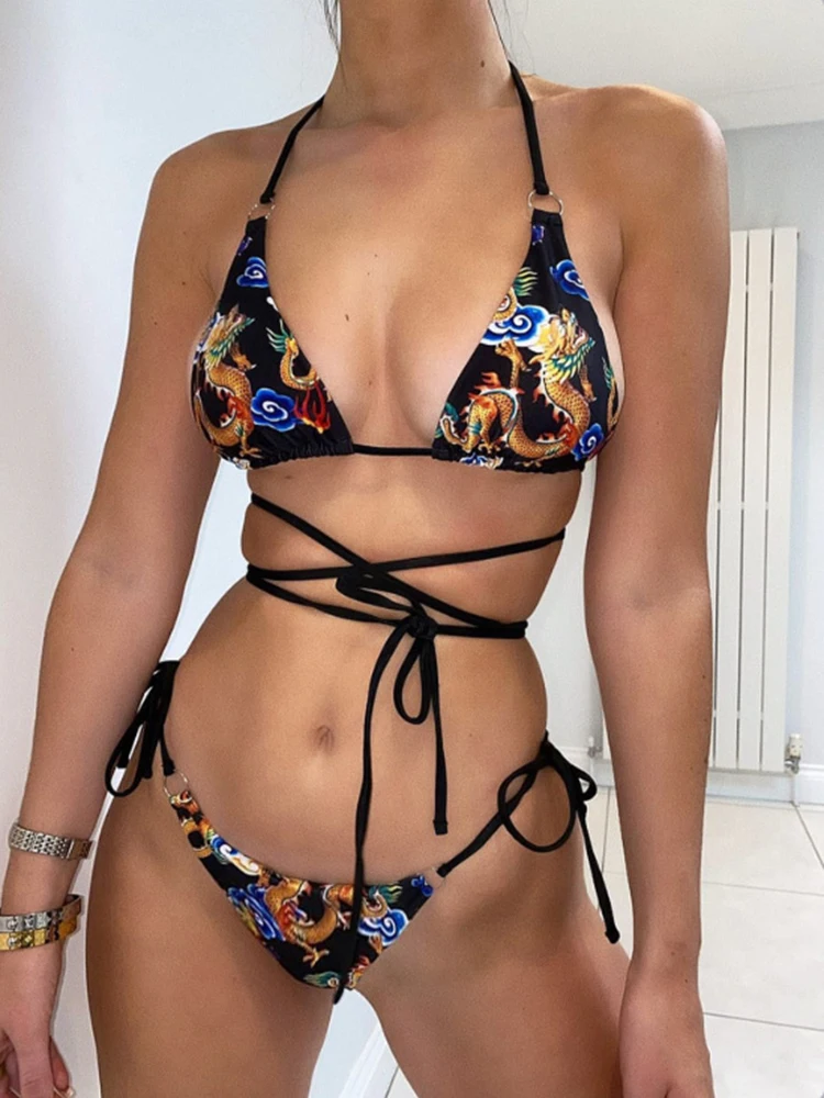 

FASKOB Two Piece Bikini Tether Sexy Chinese Style Ultra Low Waist Triangle Cup Summer Women Swimsuit Beach Bathing Suit Swimwear