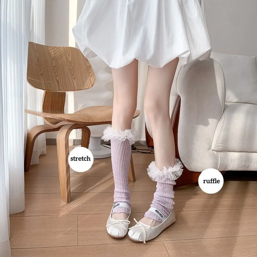 

Ballet Style Sweet Leg Warmer Cotton Candy Color Knee High Ruffle Socks Lace Edge Breathable Ballet Calf Long Socks Streetwear