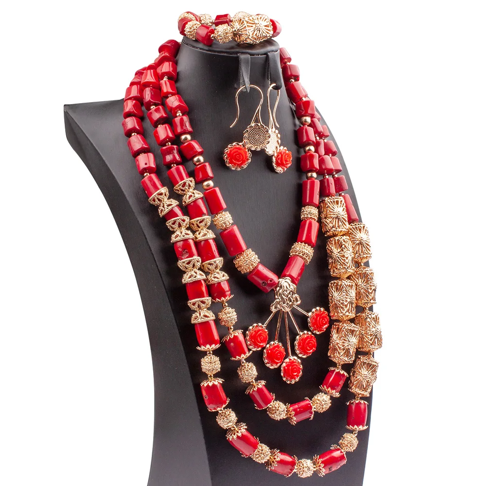 New Flower Pendant Necklace Big Real Coral Bead Traditional Nigerian Wedding African Coral Beads Jewelry Set Women Party ABG171