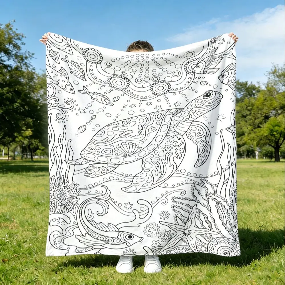 1pc Hand‑Drawn Marine‑Life‑Sketch‑Print Throw Blanket, Sofa Decor, Skin‑Friendly Stress‑Relief DIY Coloring Home Gift for Adults