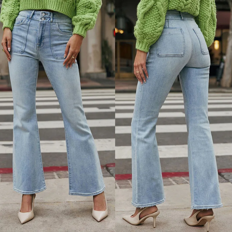 Phantasy Office Lady Double-Button Stretch Women's Jean Elegant Solid Slightly Flared Washed Denim Trouser Summer Female Clothes