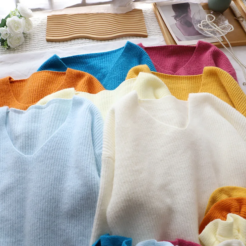 Loose Long Sve V-Ne Sweater Women's Autumn Winter Lazy Sle Korean System Knitted Top Loose Slimming Soft Circle Hairband