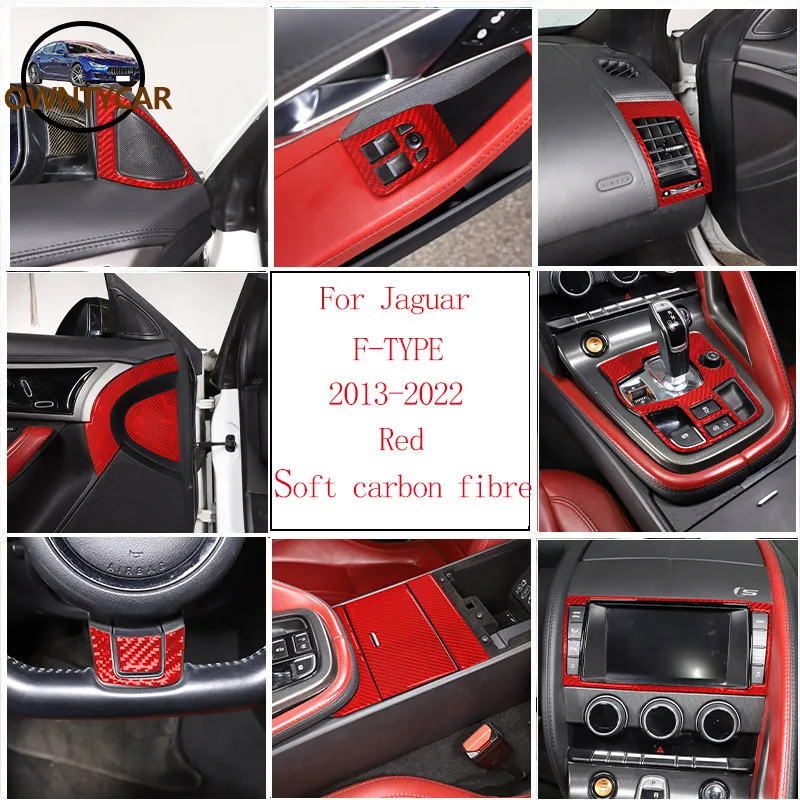 Red Soft carbon fibre For Jaguar F-TYPE 2013-2022 Car Center Control Trim Strip Door Trim Sticker Car Interior  Accessories