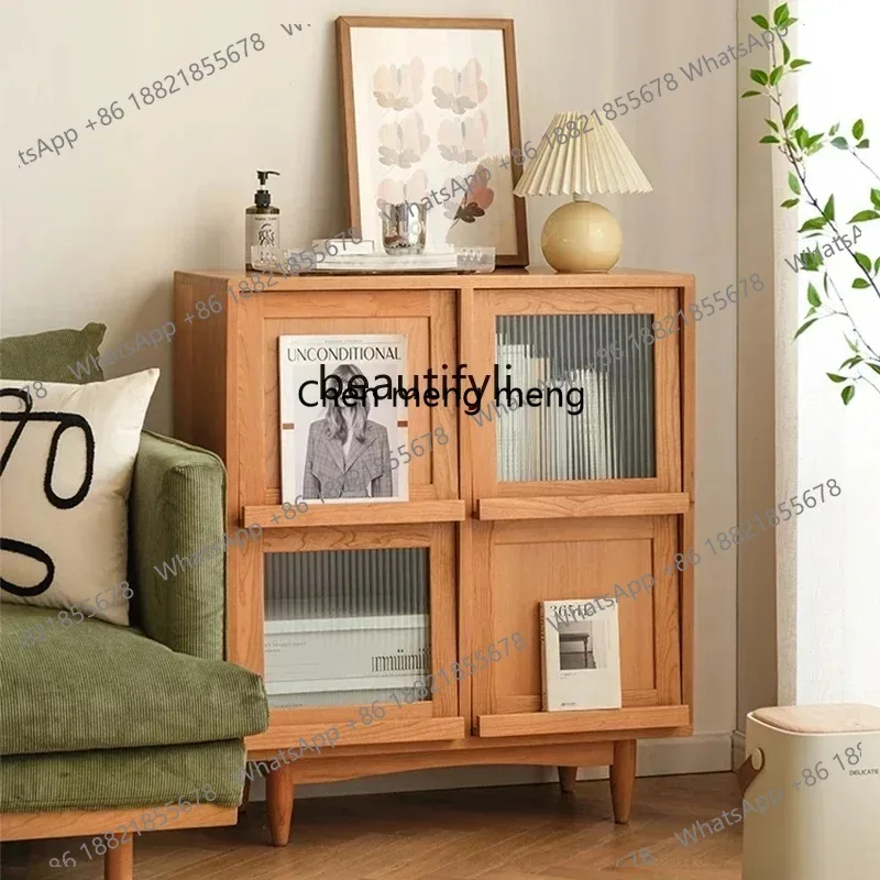 zq Nordic and Japanese Style  Solid Wood Rattan Magazine Storage Cabinet  Dining Room Bedroom Storage Side Cabinet 26