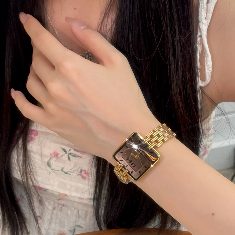 Gold Square Dial Stainless Steel Women Watch Luxury Vintage Thin Metal Bracelet Ladies Quartz Dress Wrist Watch Gift