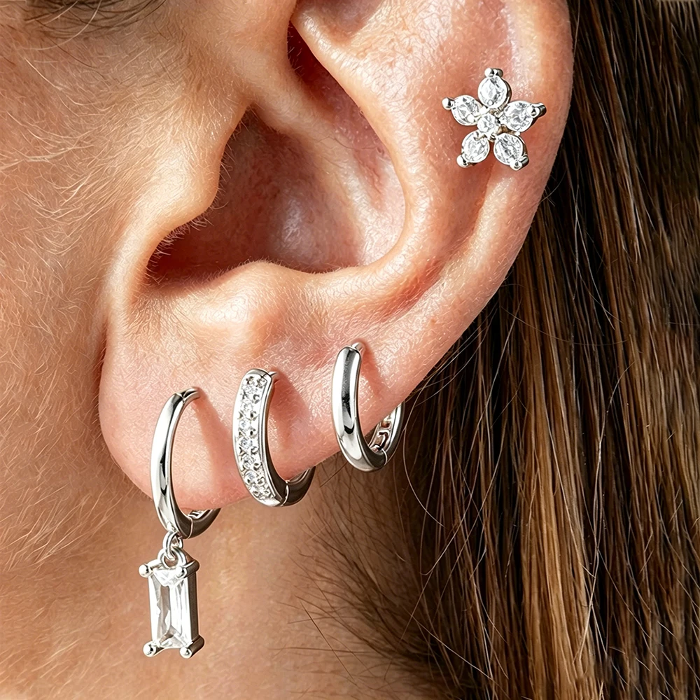 4PCS 2026 New Trendy Plate Gold Color Stainless Steel Dangle Earrings Set For Women Fashion Circle Hoop Zircon Statement Earring