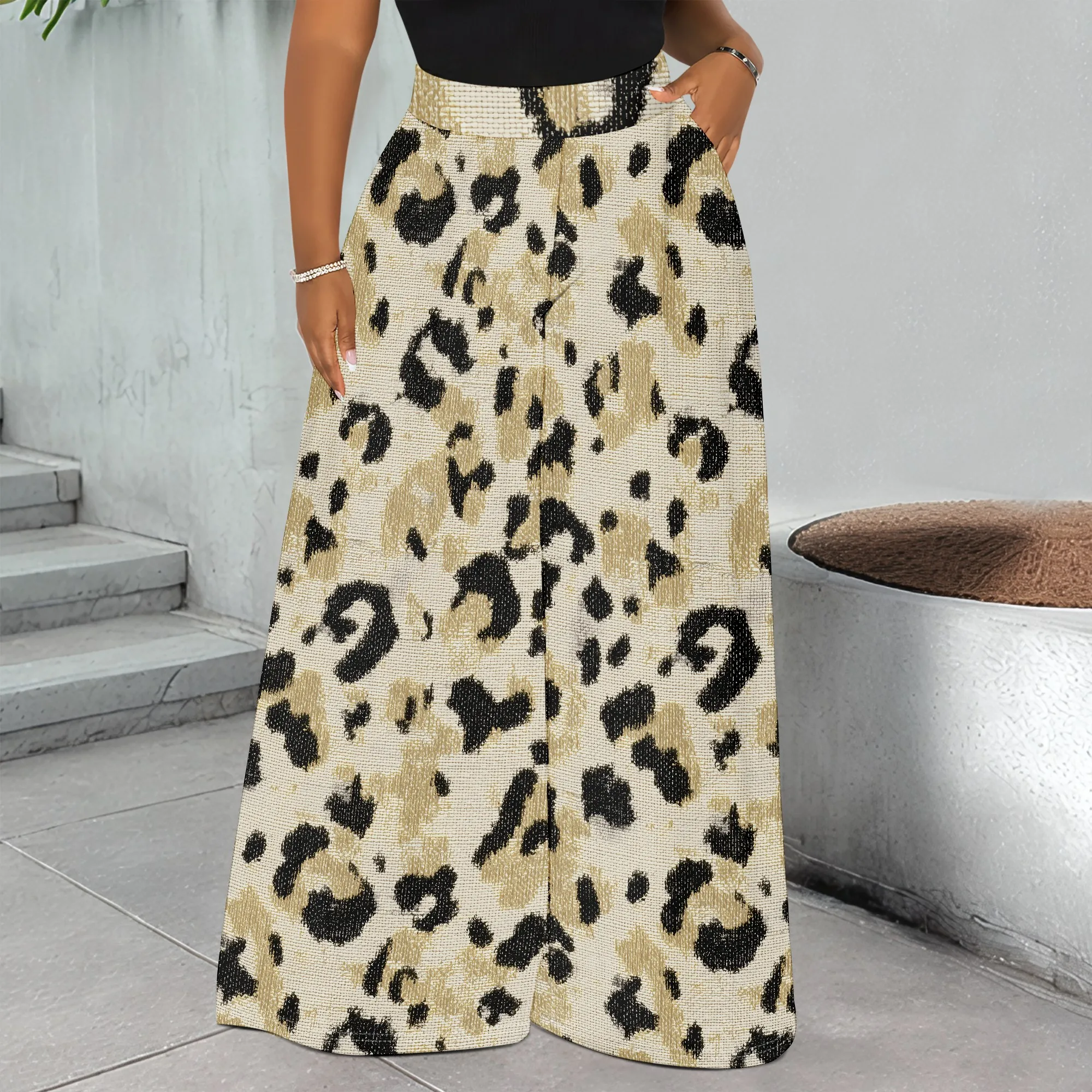 

Leopard Print Wide Leg Pants High Waist Loose Fit Trousers with Pockets Casual Streetwear Bottoms for Women