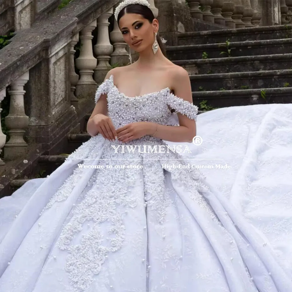 Handwork Pearls Beaded Princess Ball Gown Wedding Dresses Exquisite Customized Off Shoulder Royal Train Bridal Gowns African