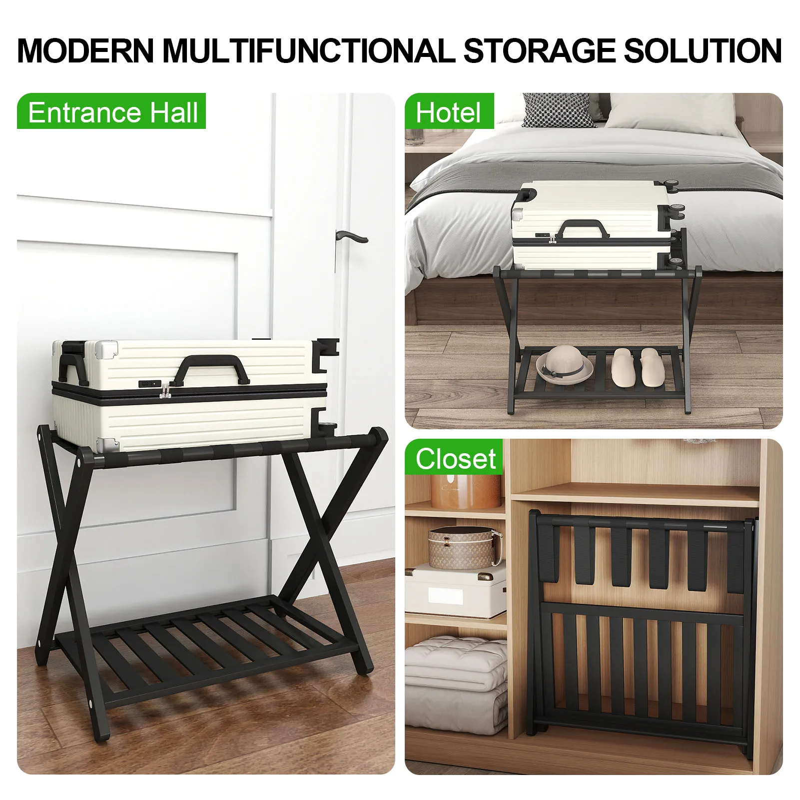 Suporte de bagagem de madeira multifuncional - Prateleira de armazenamento dobrável espessada Rack de mala para quarto de hotel preto