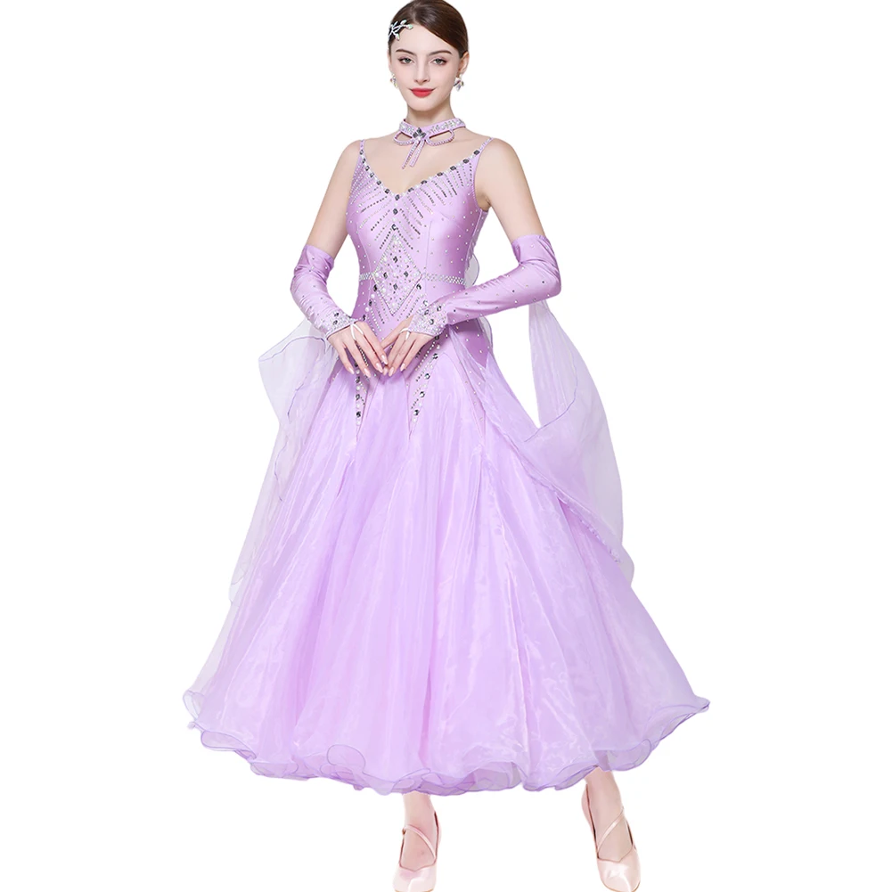 왈츠 볼룸 드레스 경쟁 핑크 라이트 퍼플 스트랩 볼룸 댄스 기질 라인 석 긴 소매 화이트 그린 v 넥