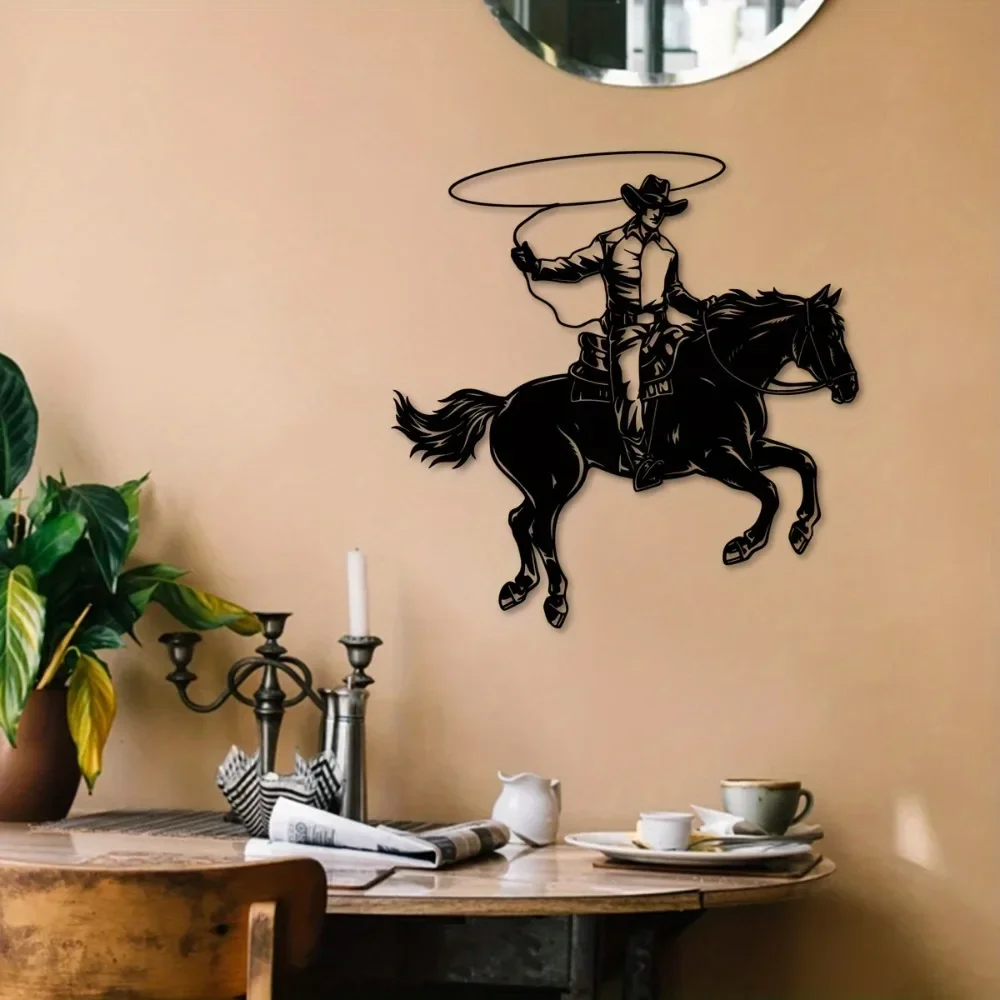 CIFBUY Wrought Iron Cowboy Wall Art Western Horse Decor Texas Southwest Rustic Home Metal Sculpture