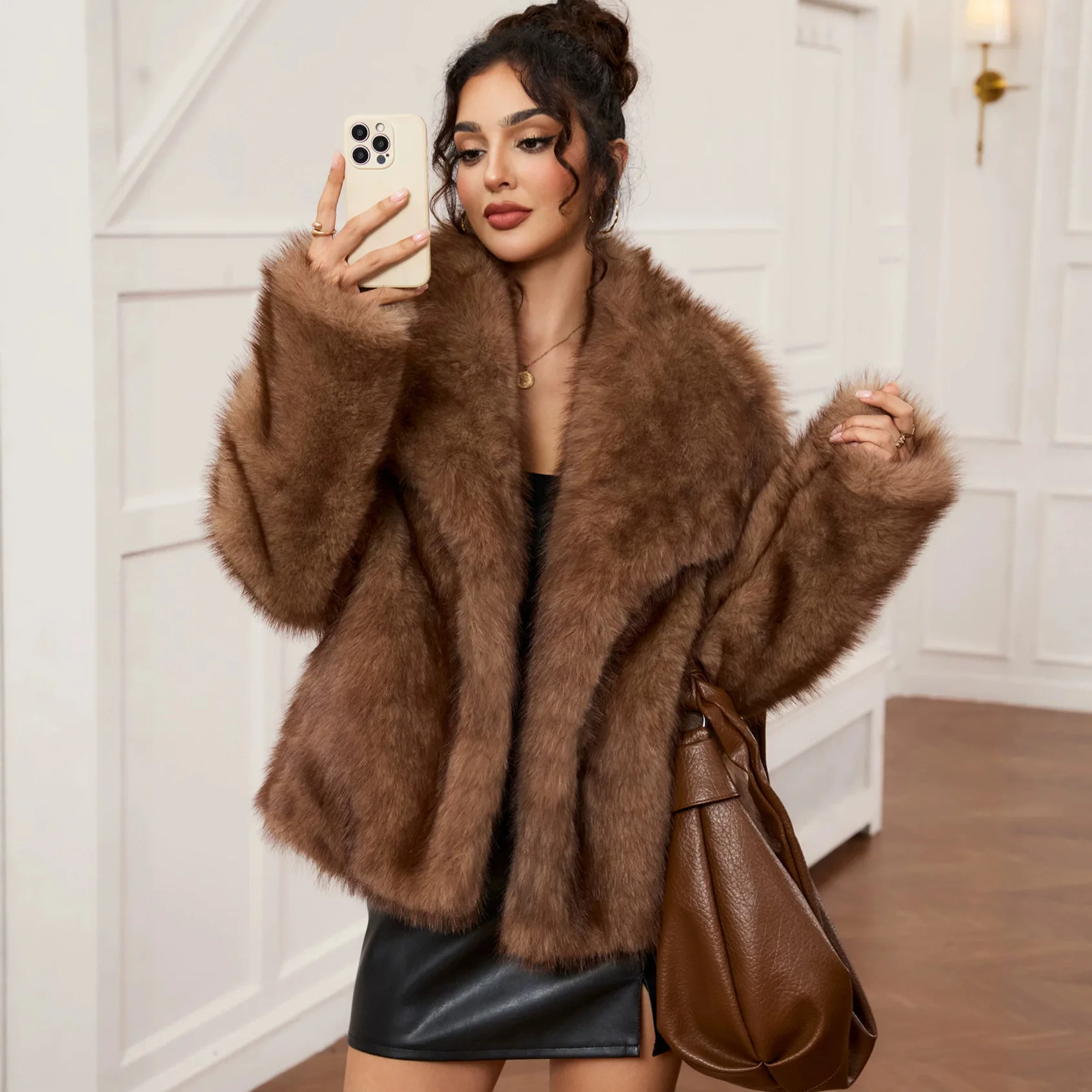 Women Faux Fur Jackets Turn Down Collar Work Casual Coat Thick Warm Y2k Streetwear Long Sleeve Outerwear Autumn Winter Elegant