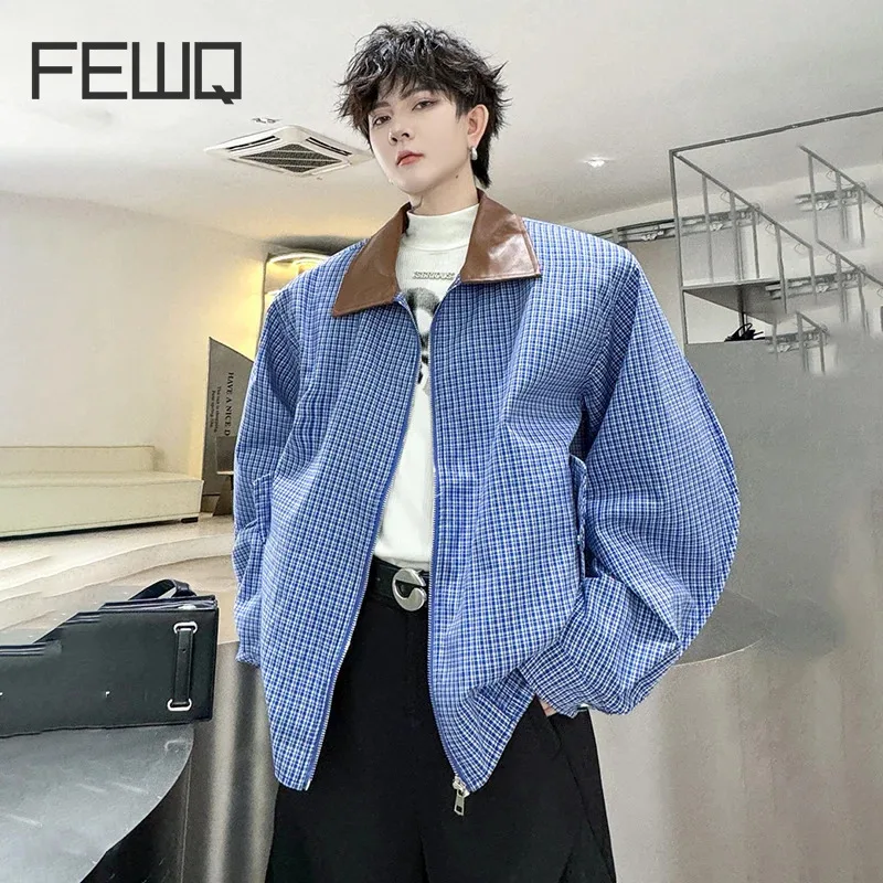 

FEWQ Male Jacket Autumn Plaid Patchwork Lapel High Street Contrast Color PU Leather Collar Men's Sleeve Tops Fashion New 28W4527