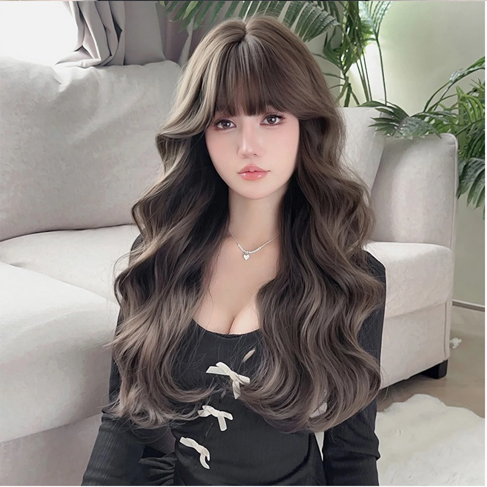 Parrucca sintetica naturale ondulata marrone freddo con frangia Parrucca lunga in fibra di capelli ricci di alta qualità per le donne Parrucca resistente al calore per uso quotidiano