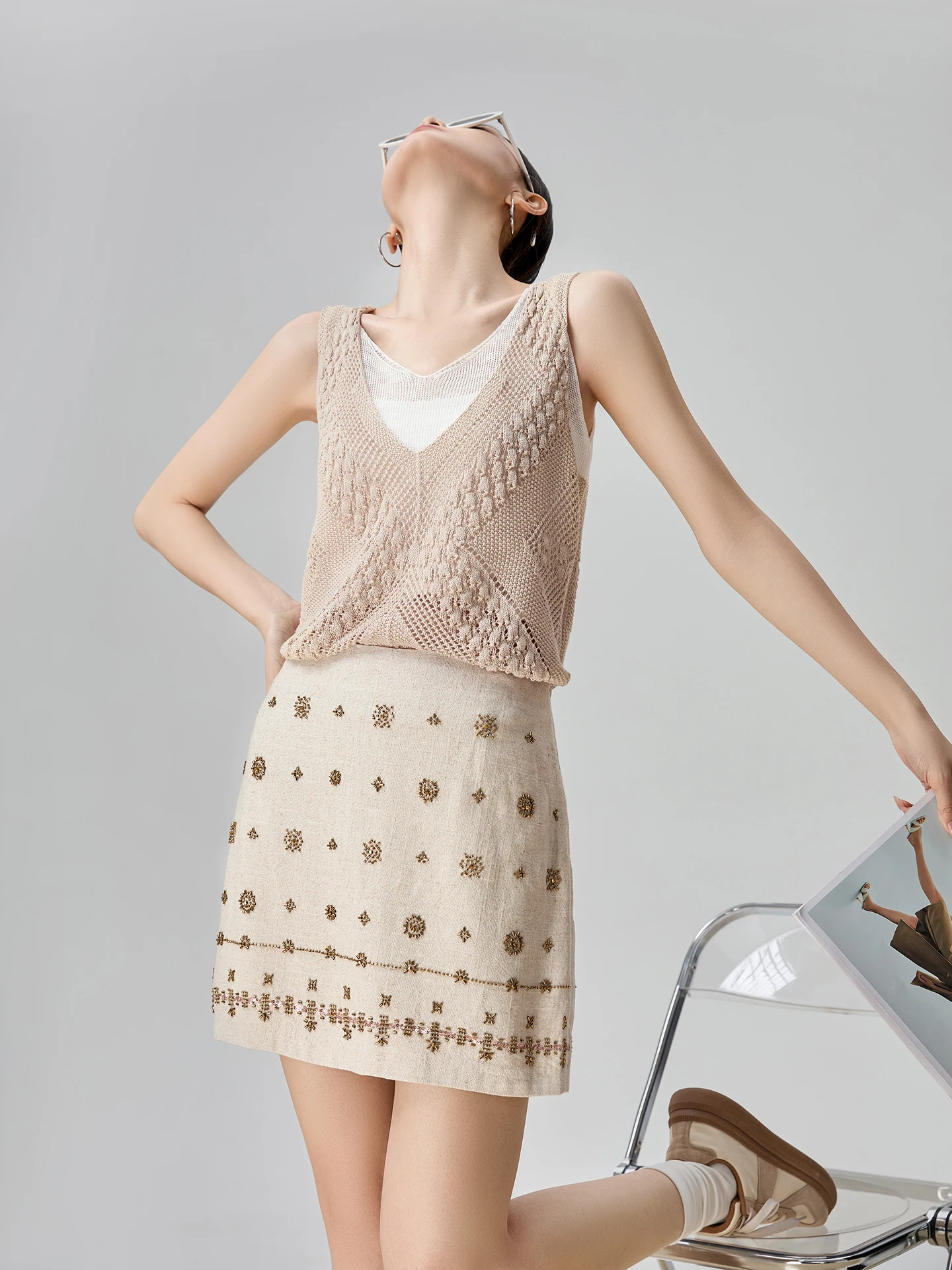 

Летний вязаный топ и юбка с открытыми плечами Faion, женский повседневный комплект из двух предметов с V-образным вырезом для маленьких фигурок