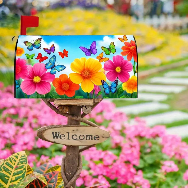 1pc Blue sky, white clouds,colorful butterfly and flower mailbox cover,suitable for outdoor mailbox decoration for summer,yards