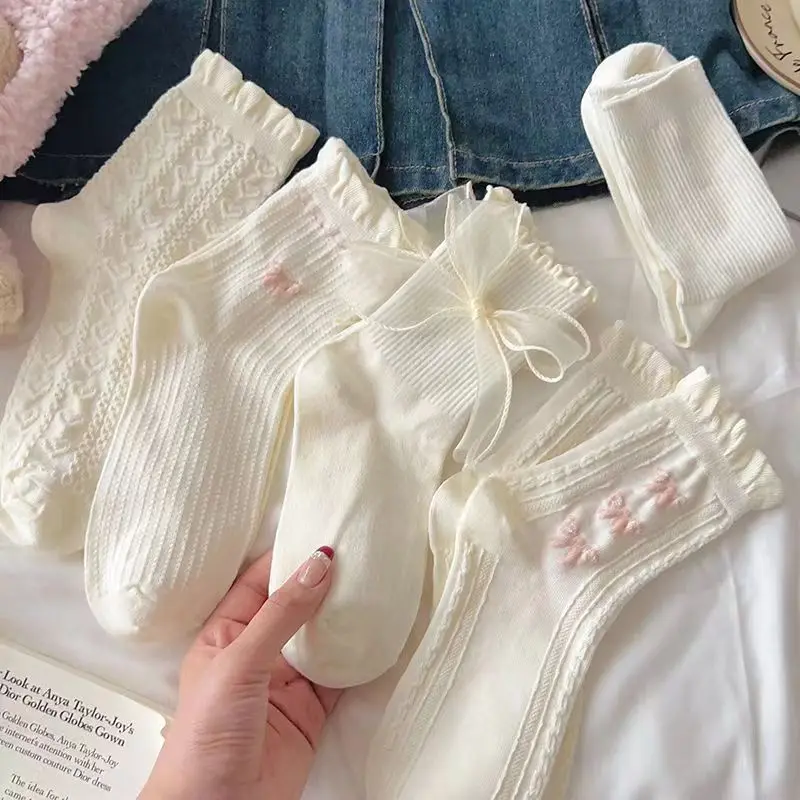 Ensemble de 6 paires de chaussettes Coquette blanches de Style coréen pour femmes, chaussettes d'automne mignonnes japonaises JK avec volants en dentelle, chaussettes mi-tube pour filles