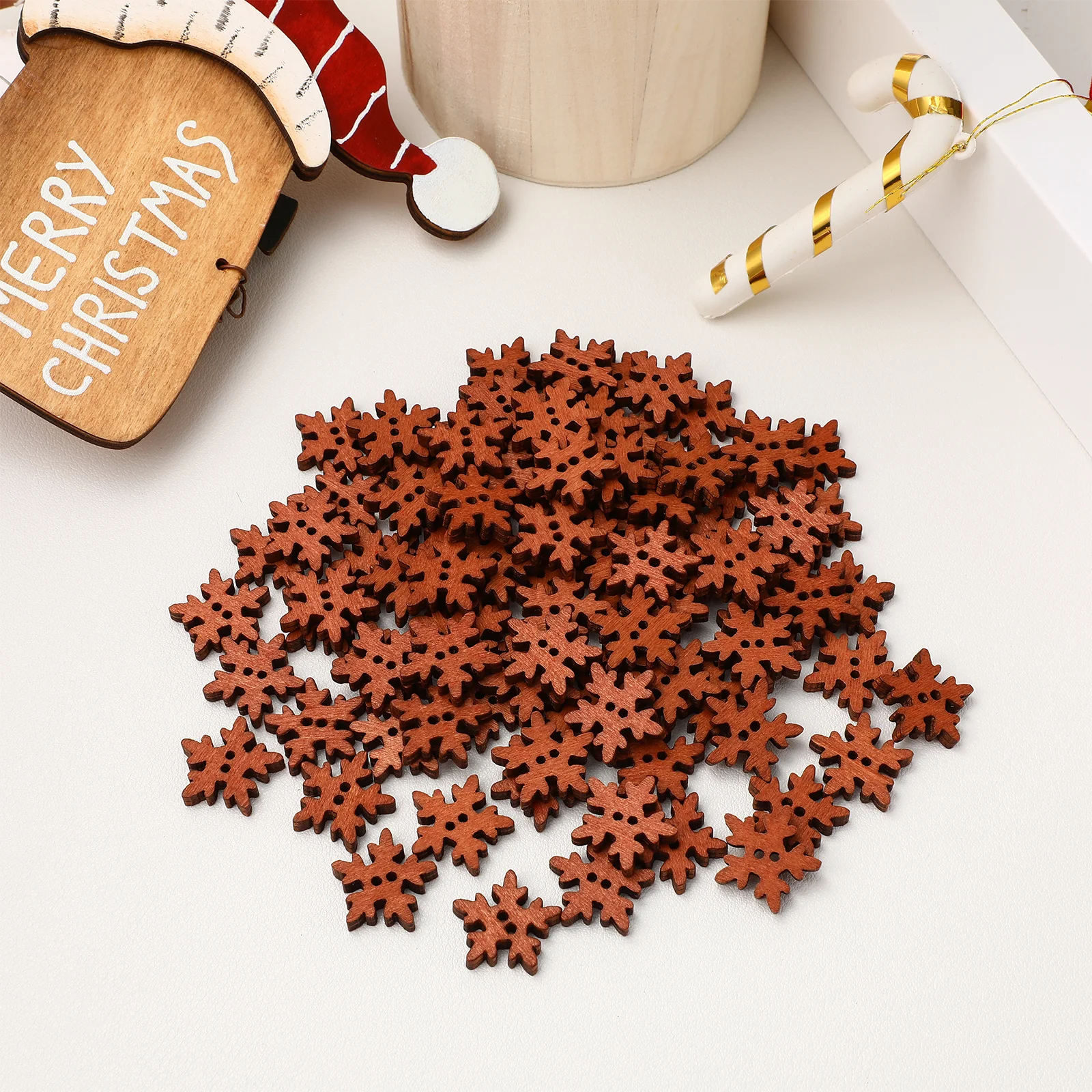 

100 Pcs Christmas Snowflakes Buttons Large White Ornaments Brown Wood Decorations