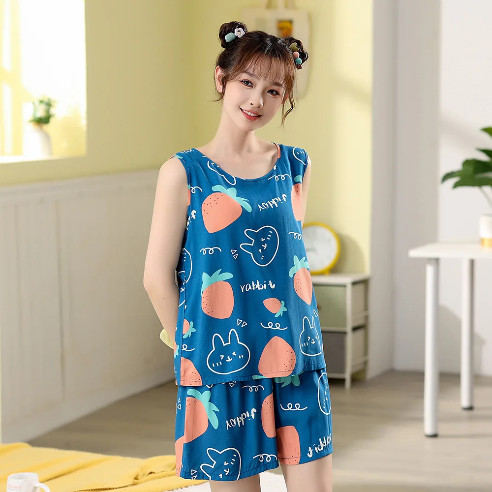 Cotton Sleepwear Sleeveless Shorts Pajama Sets Women Pajamas Summer Nightwear Kawaii Clothes Loungewear Sets Thin Night Clothes