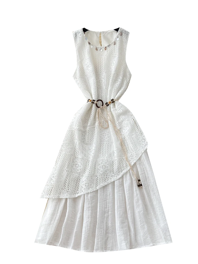 Retro Design Asymmetrische aushöhlen Gestrickte Gürtel Taille rund Ne Svel Dr Frauen Hohe Taille A-Linie Sommer Pendeln