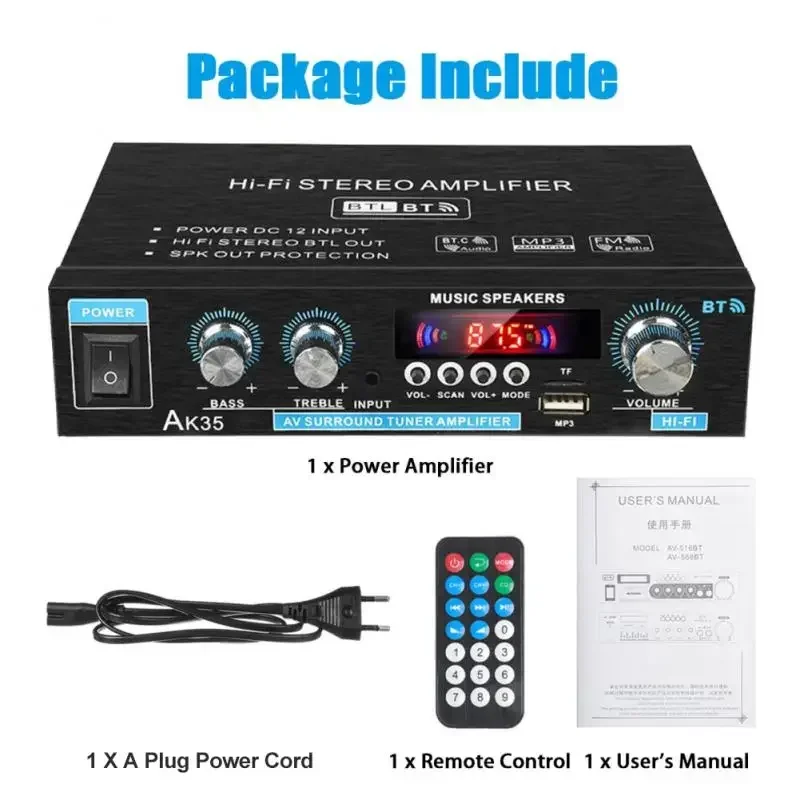 AK35 HiFi Digital Bluetooth Amplifiers MP3 Channel 2.0 Sound AMP Support 110V-240V for Home Car Speaker FM USB Remote Control