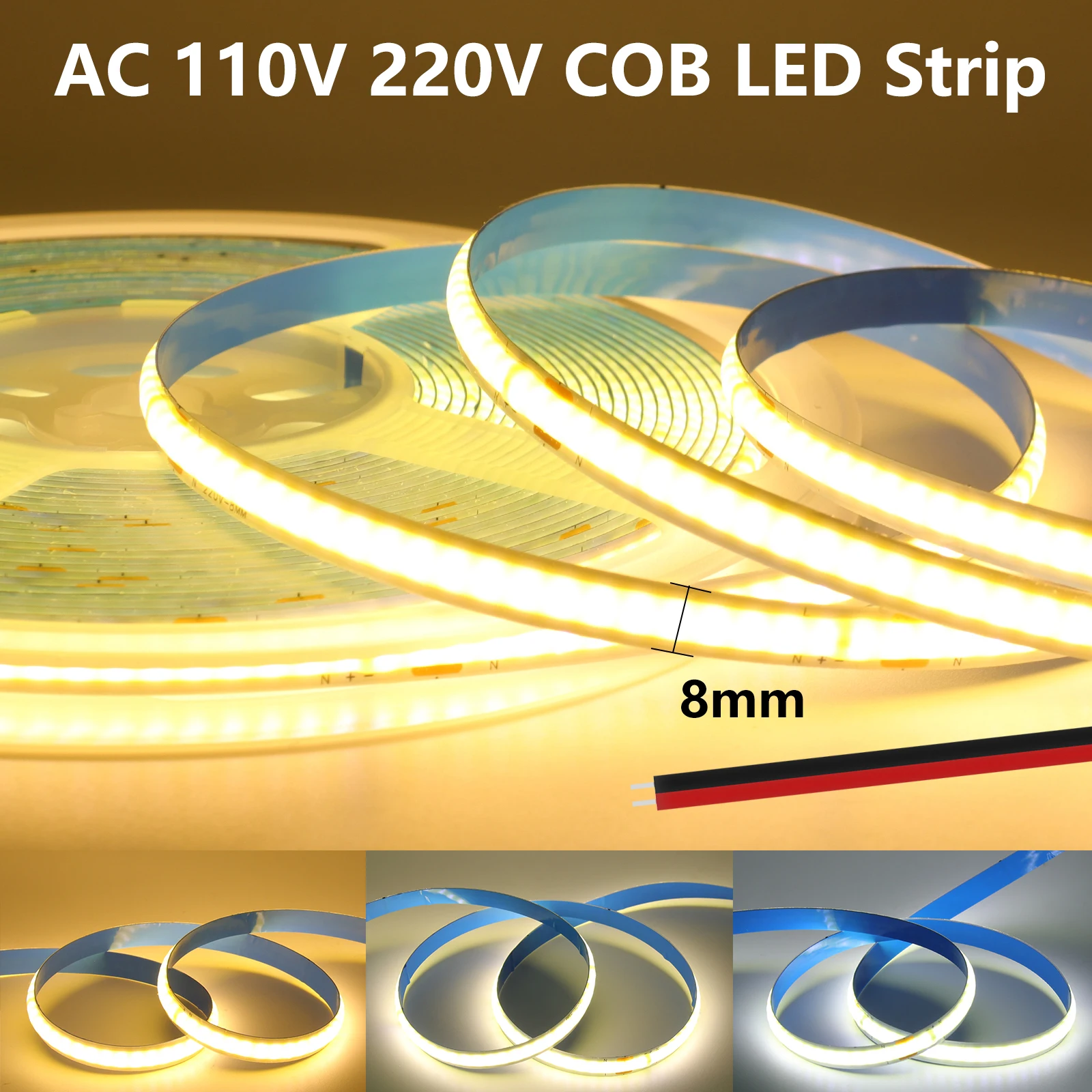 

5M 10M 15M 20M 110V 220V COB LED Strip 240LEDs/m Not Waterproof 8MM PCB Flexible Adhesive Tape with 2Pin Wires Home Decor
