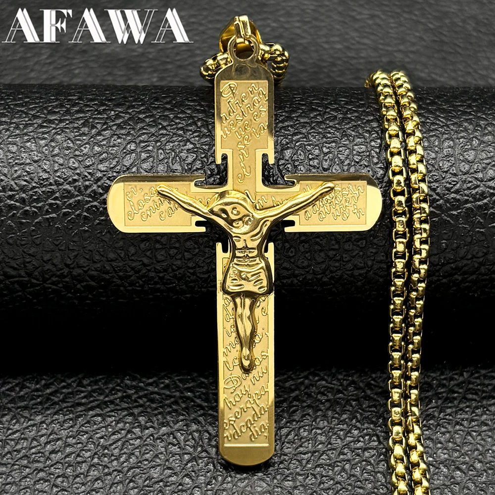 

Catholic Cross Bible Verse Spiritual Necklace for Women Men Stainless Steel Gold Color Male Chain Jewelry corrente masculina