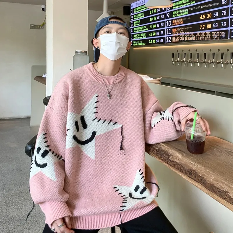 

Retro Japanese Sle Star Knitted Sweater Men's Spring Autumn Casual round Ne Loose Couple Sle Outerwear Polyester Fiber