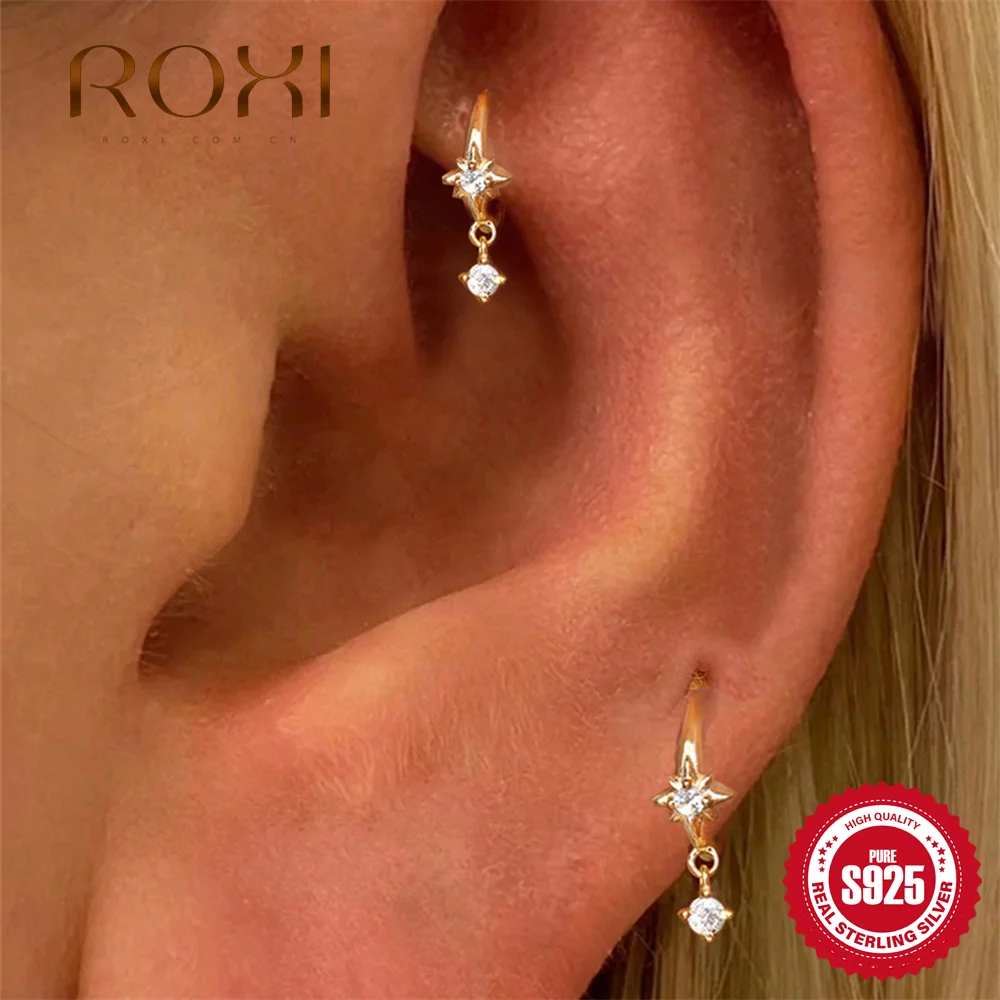 

ROXI 925 Sterling Silver Octagonal Star Cartilage Spiral Piercing Earrings For Women Classic Pop Wind Party Gifts