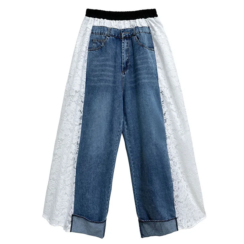 EAEOVNI уличная одежда, джинсовые длинные брюки Y2K, кружевные лоскутные брюки контрастного цвета, свободные широкие брюки с высокой талией, новинка 2023 г.