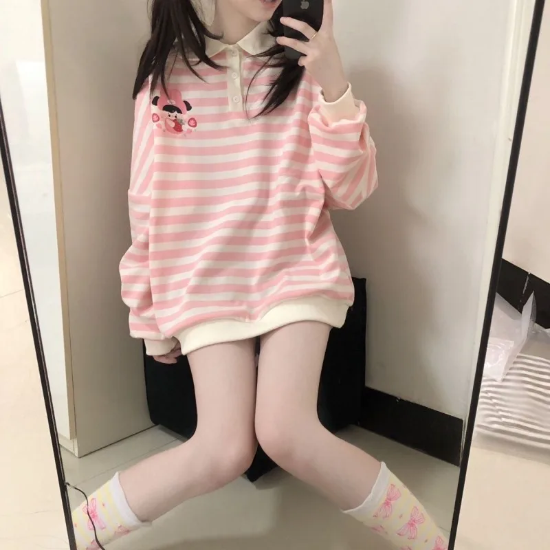 HOUZHOU Kawaii Pink Striped Sweatshirt Women Japanese Style Y2k Cartoon Print Polo Collar Long Sleeve Hoodies Loose Pullover