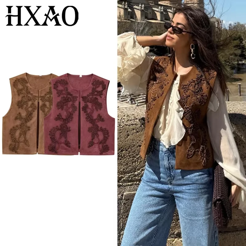 HXAO المرأة سترة المحاصيل المطرزة صدرية 2025 الربيع الجلد المدبوغ سترة دون أكمام البني الأحمر سترة أنيقة أنيقة Giletes للنساء