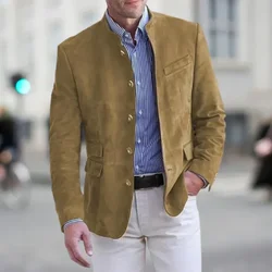 Vintage Outerwear Mens Autumn Fashion Solid Color Long Sleeve Slim Suit Jacket Streetwear Men Stylish Stand Collar Buttoned Coat